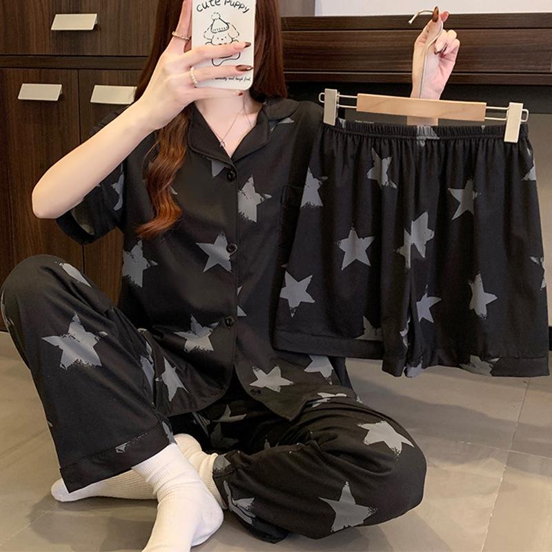 Spring and summer black high-end star imitation cotton pajamas women's short-sleeved three-piece set, small lapel thin loungewear