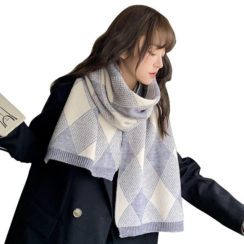 Korean version of the new rhombus plaid thickened wool scarf for women's autumn and winter versatile couple double-sided knitted scarf to keep warm