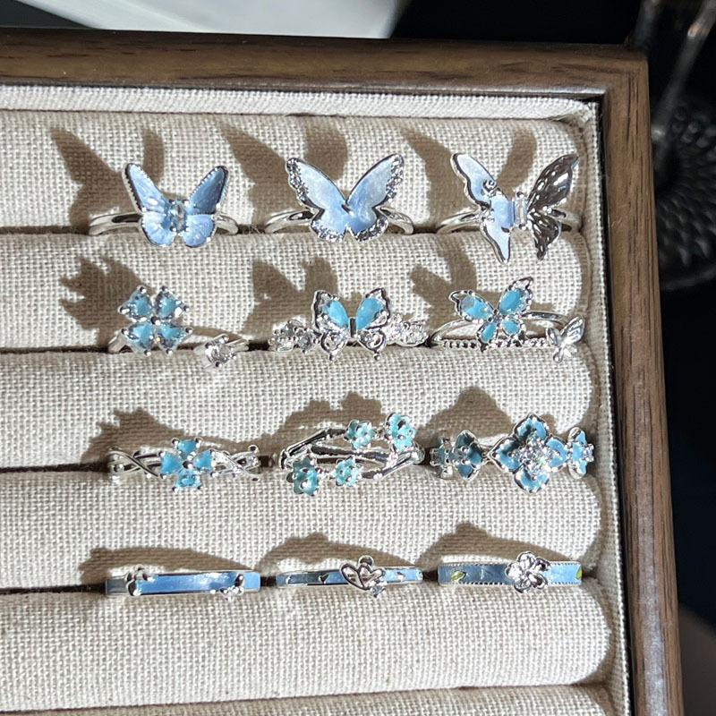 Summer New Glacier‑Blue Gradient Butterfly Flower Light‑Luxury Temperament Open Ring Niche Unique Design Adjustable Index Finger Trend Jewelry