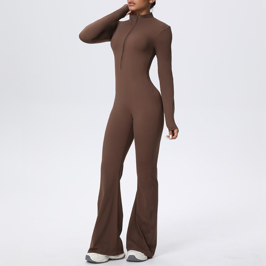 Zipper nude long-sleeved yoga flared pants onesie women's running fitness clothes sports trend onesie tights