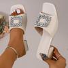 2024 summer new square head flat bottom thick heel rhinestone square head women's cool slippers fashion casual middle heel slippers