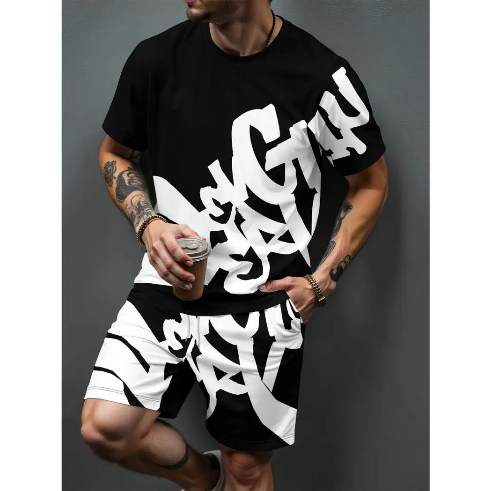 Summer Men's Fashion Personality Letter Printed Short Sleeved Shorts Two-piece Set Outdoor Sports Breathable T-shirt Set
