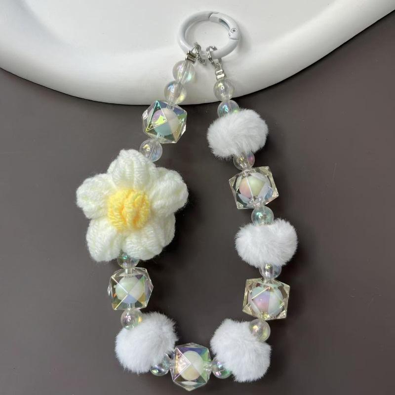 Autumn/Winter Plush Handmade Beaded Phone Lanyard & Keychain with Flower Pendant
