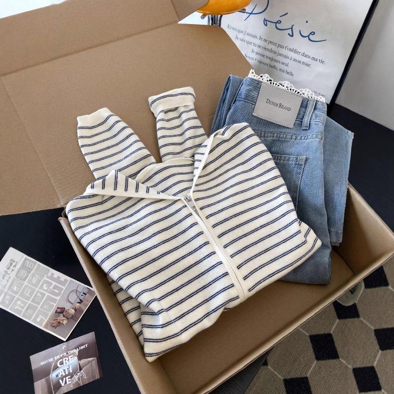 Early Autumn Hooded Striped Knitted Cardigan Women's Loose and Thin Soft Waxy Top
