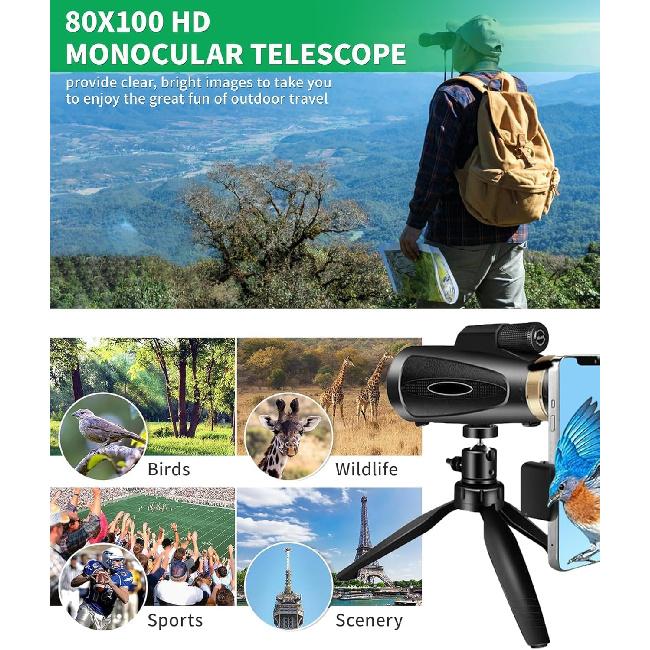Monocular Telescope 80x100 High Power with Smartphone Adapter Tripod Larger Vision Monoculars for Adults with BAK4 Prism & FMC Lens Suitable for Bird