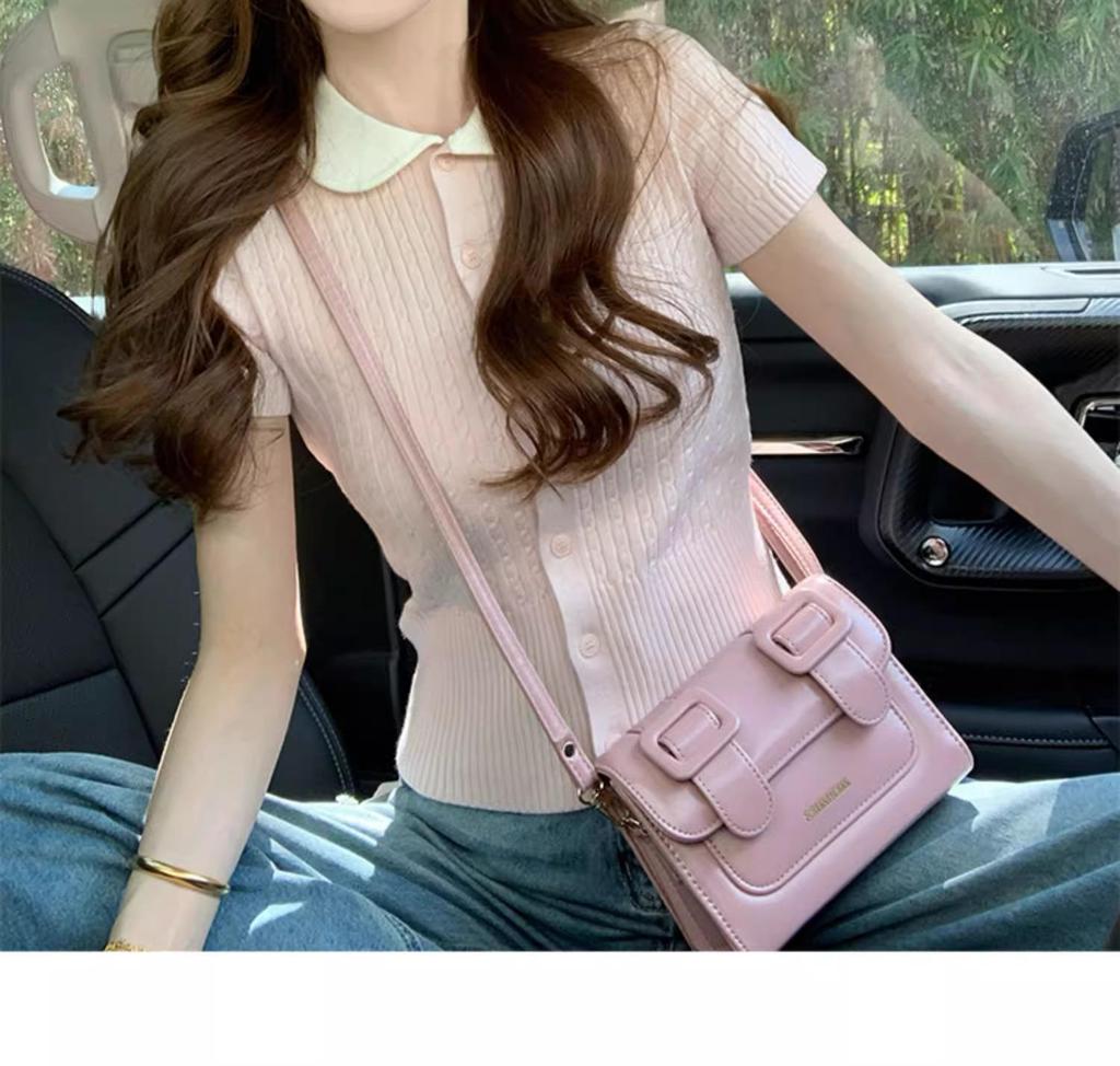 Women's Pink Slimming Petite Polo Knitted Short Sleeve Top - Summer 2025 Collection