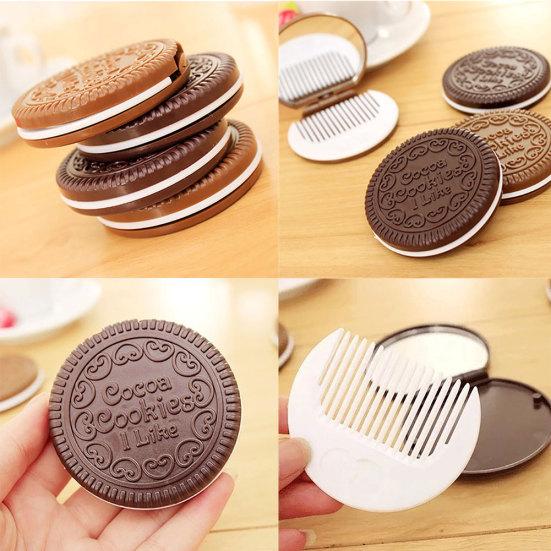 Cute Chocolate Sandwich Folding Biscuit Shaped Portable Makeup Round Mirror