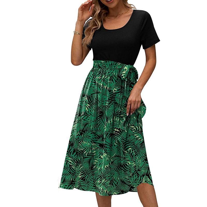 Summer Women's Dress Round Neck Splicing Lace-up Print Short-sleeved Casual Dresses