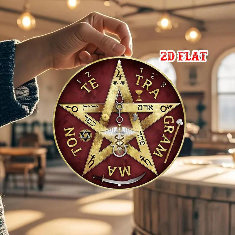 D Flat  Round Aluminum Sign Featuring D Flat Occult Symbols Measuring X Inches Showcasing Esoteric Art And