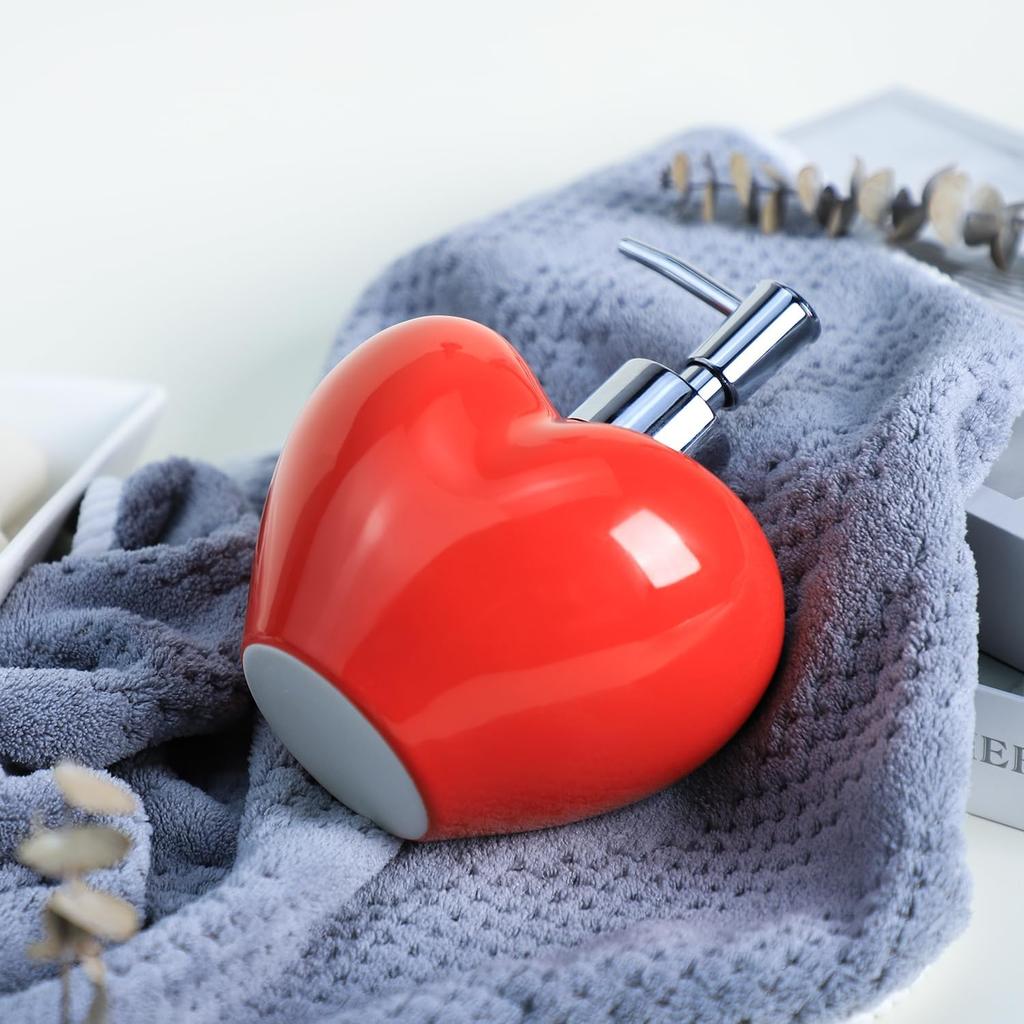 Bicuzat Red Heart Shaped Soap Dispenser with Plastic Pump, Refillable Lotion Soap Bottle, Lotion Bottle, Hand Soap Dispenser, Home Decoration