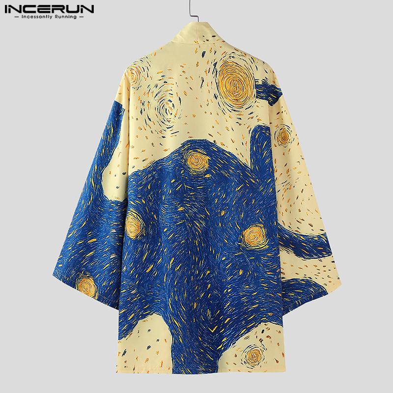 INCERUN Men Long Batwing Sleeve Printed Open Front Casual Kimonos Baggy Tops