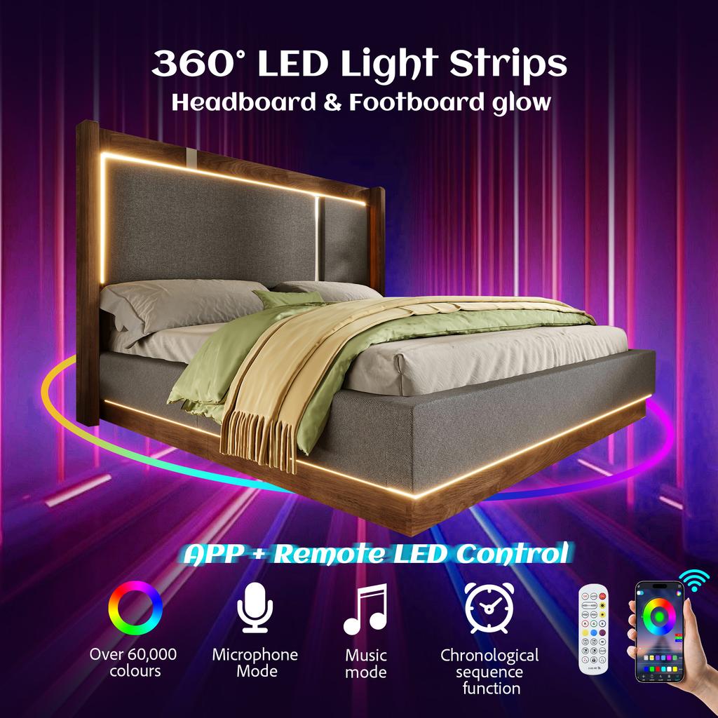 160x200 Double Bed Upholstered Bed with Slatted Frame, LED & Bed Drawer, Hydraulic, Linen Grey & Walnut, without Mattress