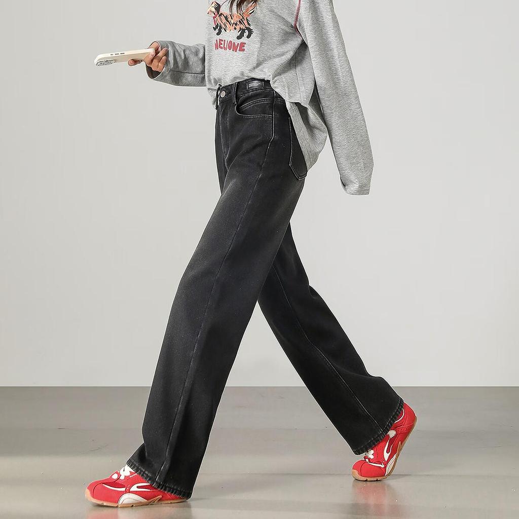 TonLion Autumn Winter Women's Basic Fleece-Lined Straight-Leg Denim Jeans