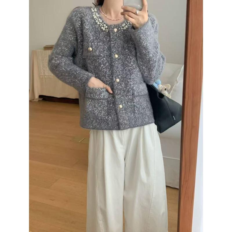 Imitation Mink Knitted Cardigan Women's Autumn and Winter New Loose High-end Celebrity Beaded Sweater Jacket Women