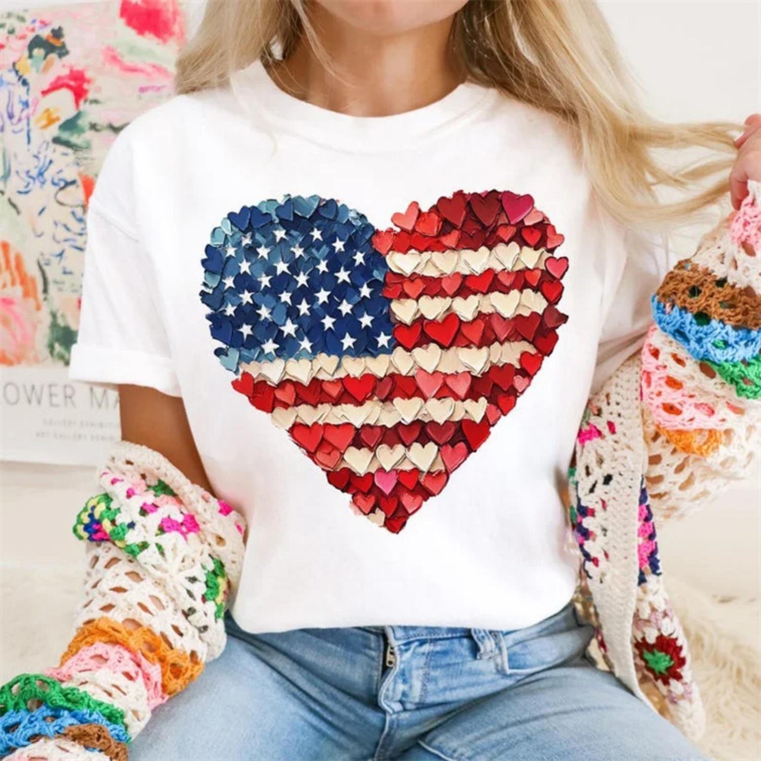 

American Flag Heart Women s T-Shirt Patriotic Printed Basic Tee Short Sleeved O-Neck Female Clothing Summer Fashion Trendy Top XXXXXL