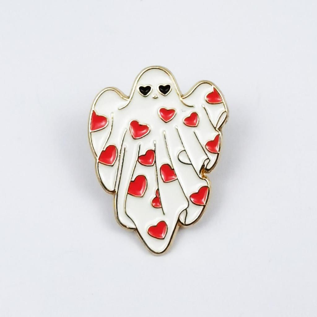 Cartoon Ghost Brooch: Smiling Face, Heart & Flower Badge for Halloween Costume