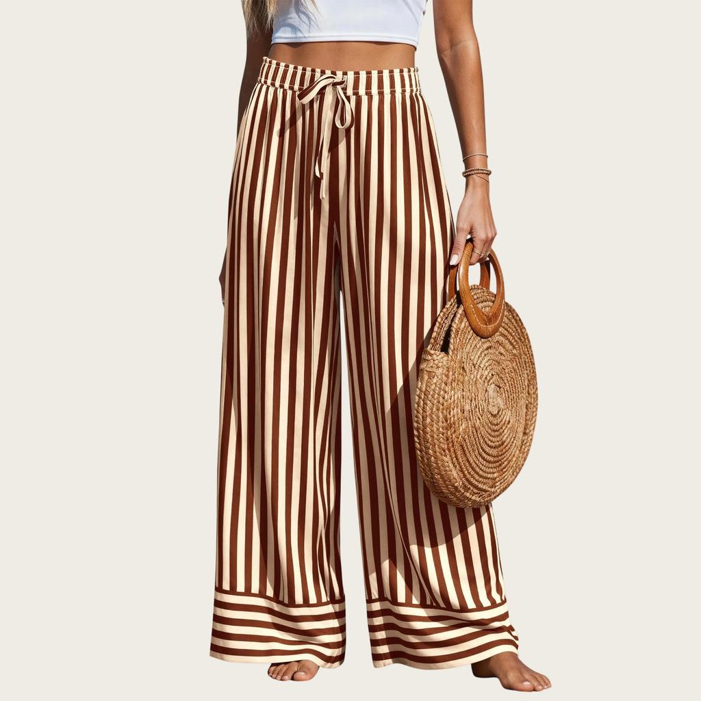 Pantaloni Larghi Estivi a Righe da Donna Vita Elastica Pantaloni Casual con Tasche Leggeri Vestibilità Larga Pantaloni da Spiaggia