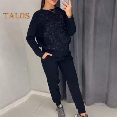 2 Pcs/Set Women Top Pants Suit Rhinestone Decor O Neck Long Sleeves Patchwork Sport Sweatshirt Elastic Waist Trousers Fitness Outfit Fall Spring