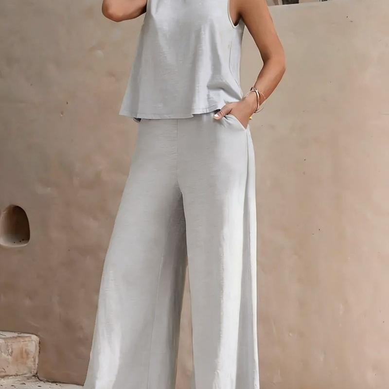 New Women's Sleeveless Vest And Trousers Two Piece Set Fashion Solid Color Two Piece Round Neck Top Pants Suit Casual Set