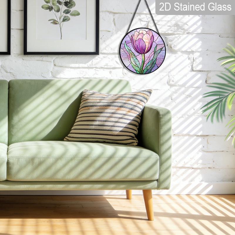 2D Flat Stained Glass Flower Window Decoration, 7.87inches Purple Tulips Design Colored Glass Plate with Chain, Charming Spring Summer Sun Catcher