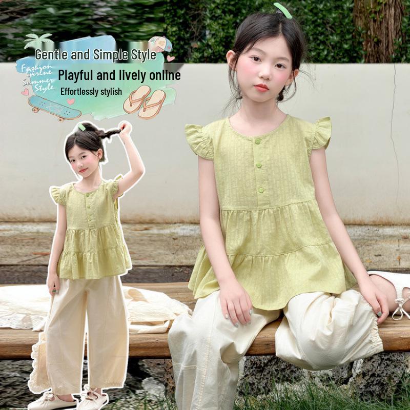 Summer 2026 Korean Chic Girls' Flutter Sleeve Vest & Wide-Leg Pants Two-Piece Set
