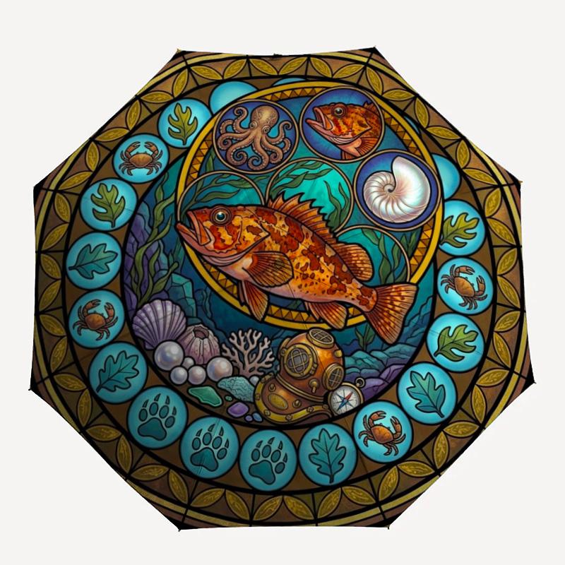 Underwater Marine Life pattern umbrella, portable and foldable design, 8 ribs, a casual accessory for Halloween, Christmas, and birthday gifts.