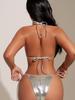 Damen Badeanzug Silber Neckholder Dreieck Tasche Sexy Rückenfrei Seitlich Binden Bikini Beachwear Badeanzüge