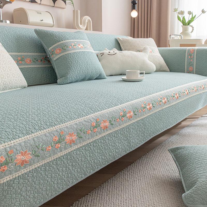 Pure Cotton Lace 3D Embroidered Sofa Cushion Pastoral Non-Slip Sofa Cover for All Seasons Skin-Friendly Soft Furniture Protector