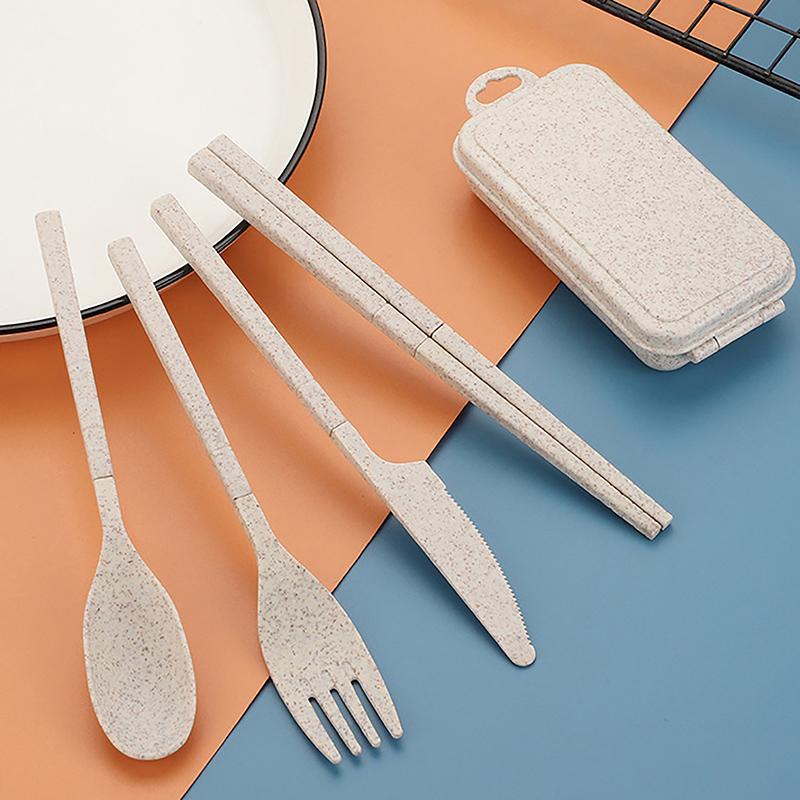 Portable Wheat Straw Fork Cutlery Set Foldable Folding Chopsticks Cutlery Set With Box Travel Kitchen Accessories