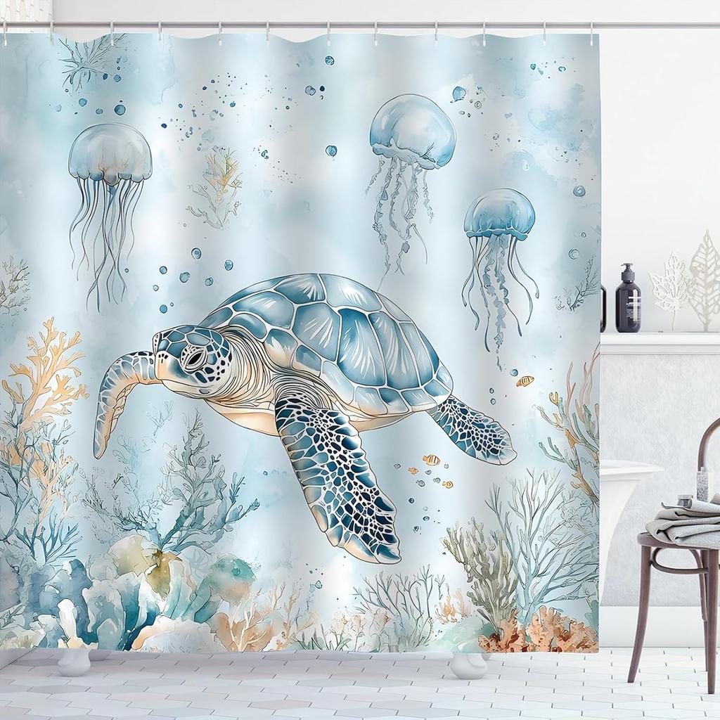 Coastal Turtle Shower Curtain Fish Coral Starfish Seashell Blue Ocean Beach Shower Curtains for Bathroom Waterproof Polyester Fa