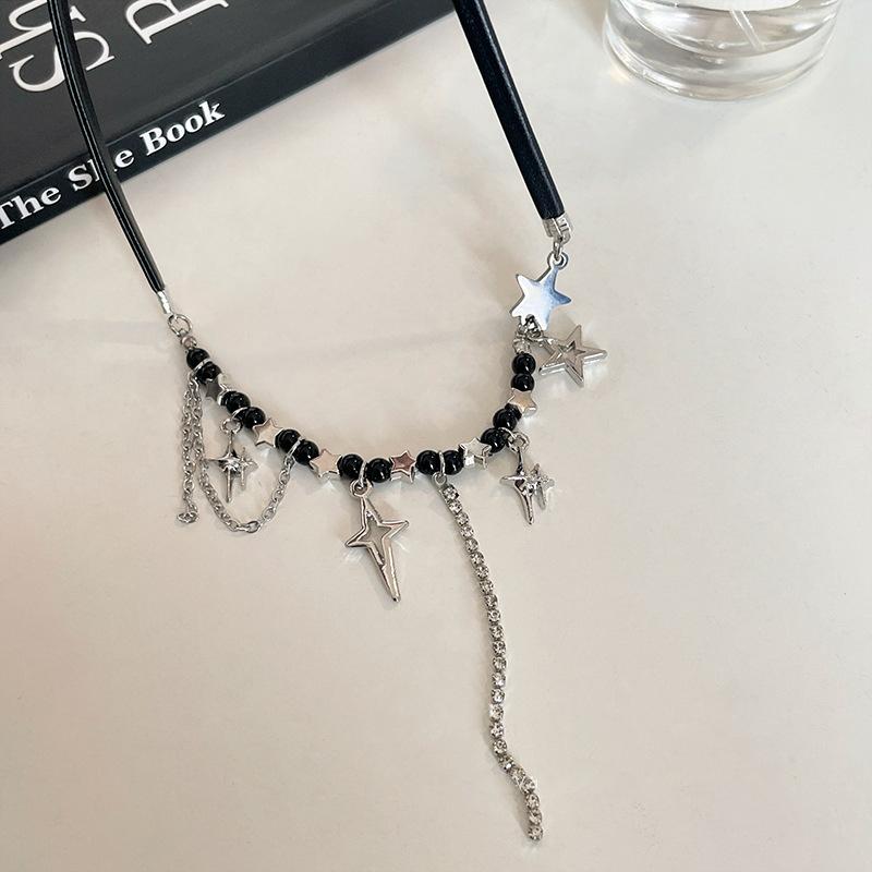 Punk Star Pentagram Necklace for Women Fashion Inlaid Rhinestone Tassels Choker Black Rope Necklace Y2K Style Accessories Gifts