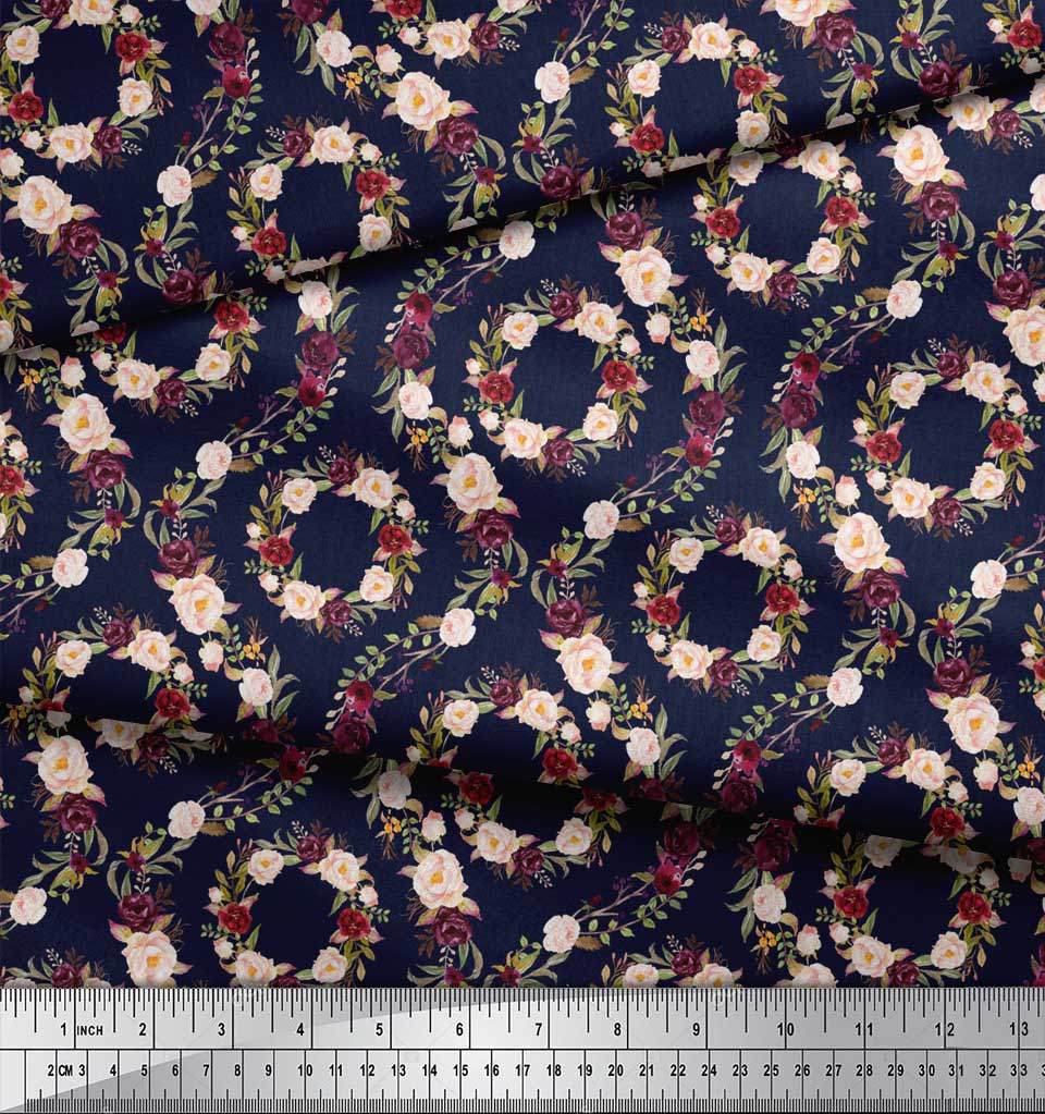 Soimoi Modrá poly krepová látka damaškový květinový potisk látka na metr 42 palců