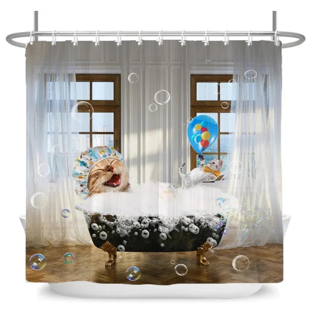 Funny Cute Cartoon Bathing Cat Dog Shower Curtains Bathroom Bathtub Decoration Waterproof Bath Curtain Home Decor With Hooks