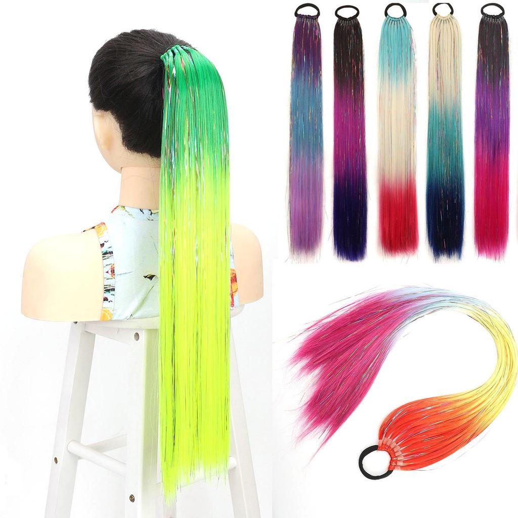 Pferdeschwanz Haarverlängerung Regenbogen Bunt Glitzer Lametta Gummibänder Mädchen Synthetisches Haaraccessoire Niedlich Glänzend Party Dekoration