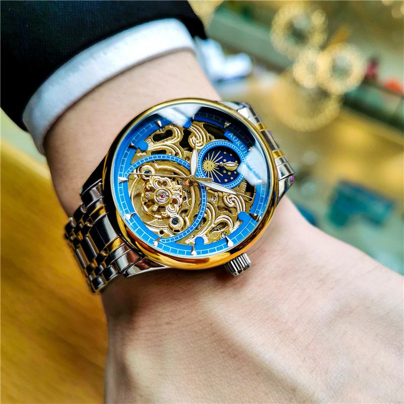 Royal Gold Skeleton Automatic Watch for Men Luxury Tourbillon Mechanical Watches Stainless Steel Strap Luminous Clock