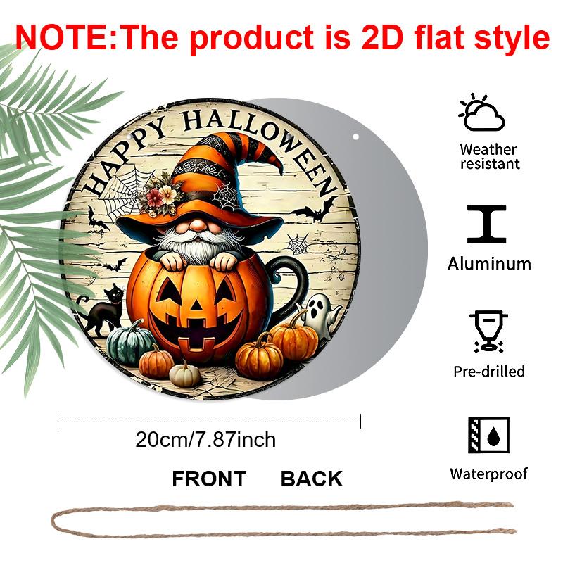 2D Flat, 1pc Joyful Halloween Aluminum Round Sign, Gnome Pumpkin Cup Happy Halloween Print, Rustic Style Metal Door Wall Hanging, No Electricity