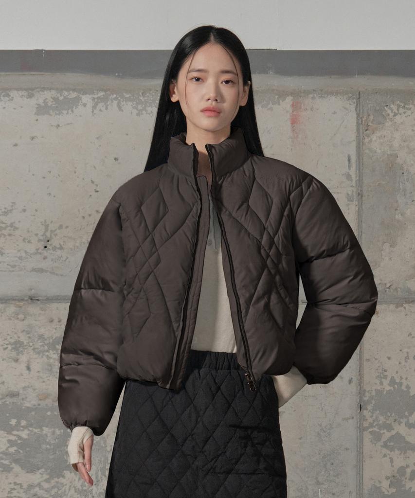 SECONDMONO W. Argyle Check Quilted Crop Padded Jumper [Brown]_Sewjp001Brown