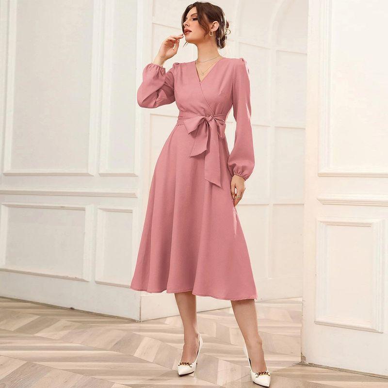 2022 Puff Sleeve Belt V-Neck Large Skirt Women's Dress