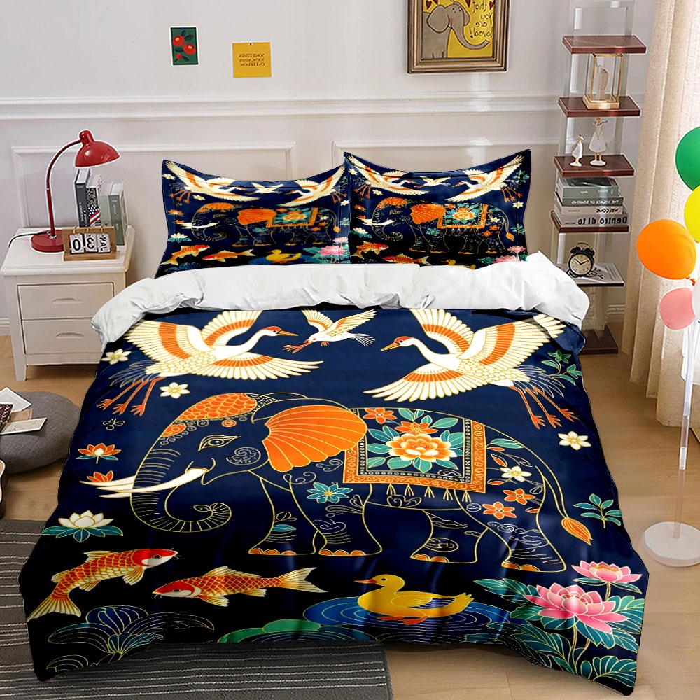 Elephants, cranes, koi fish. Bedding sets Duvet cover sets Duvet covers Pillowcases(1* Duvet Cover 2* Pillowcases without duvet insert)