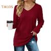 Women Tunic Sweater V-Neck Long Sleeve Solid Color Ribbed Casual Tops Slim Fit Knitted Loose Fit Fall Tops