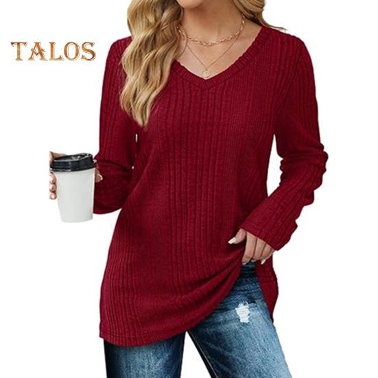 Women Tunic Sweater V-Neck Long Sleeve Solid Color Ribbed Casual Tops Slim Fit Knitted Loose Fit Fall Tops