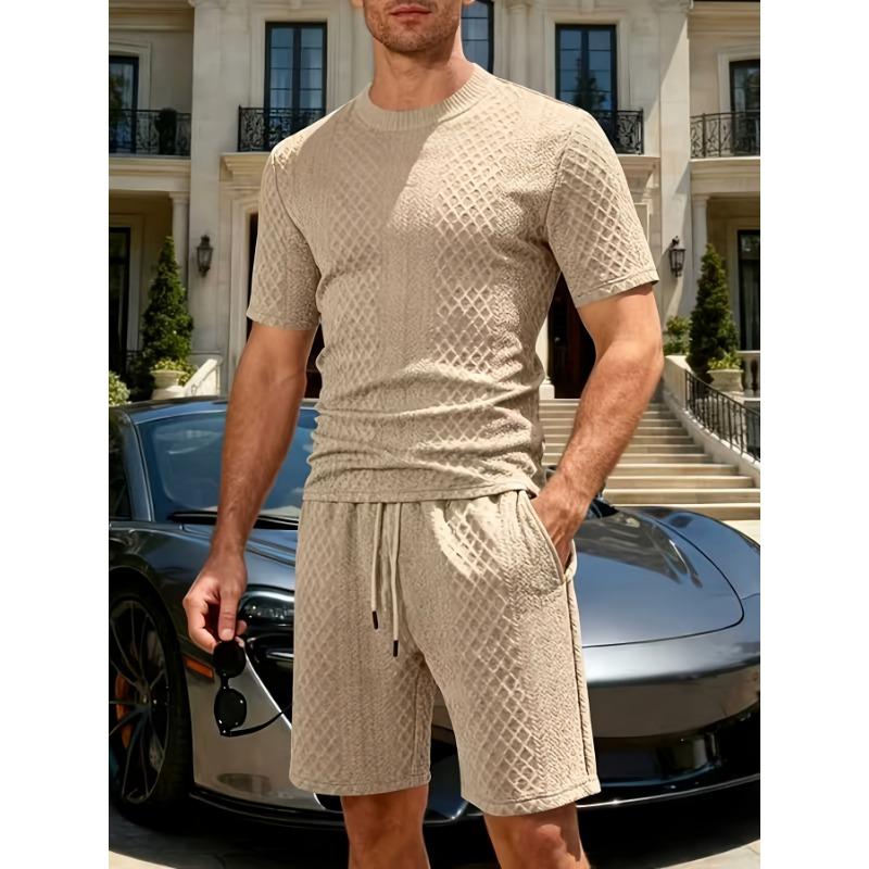Mens Black Diamond Textured Short Sleeve T-Shirt and Casual Shorts Set
