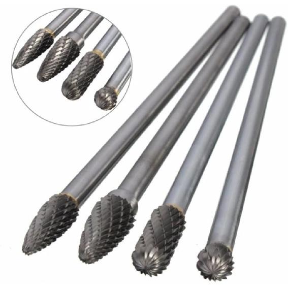 4Pcs Carbide Rotary Burr Set, 6-Inch Long Rotating Burr Tools Kit with 6mm Shank for Woodworking Drilling Carving Engraving