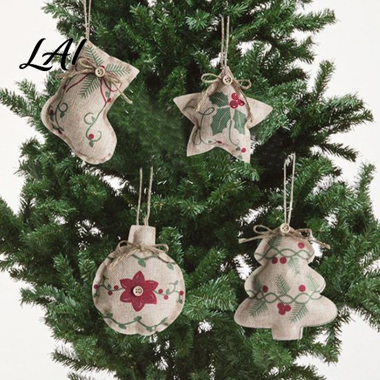 Hanging Ball Decor Burlap Christmas Ornaments Rustic Linen Fabric Decoration Tree Stocking Handmade Style Xmas Decorative Props Star Shaped Vintage