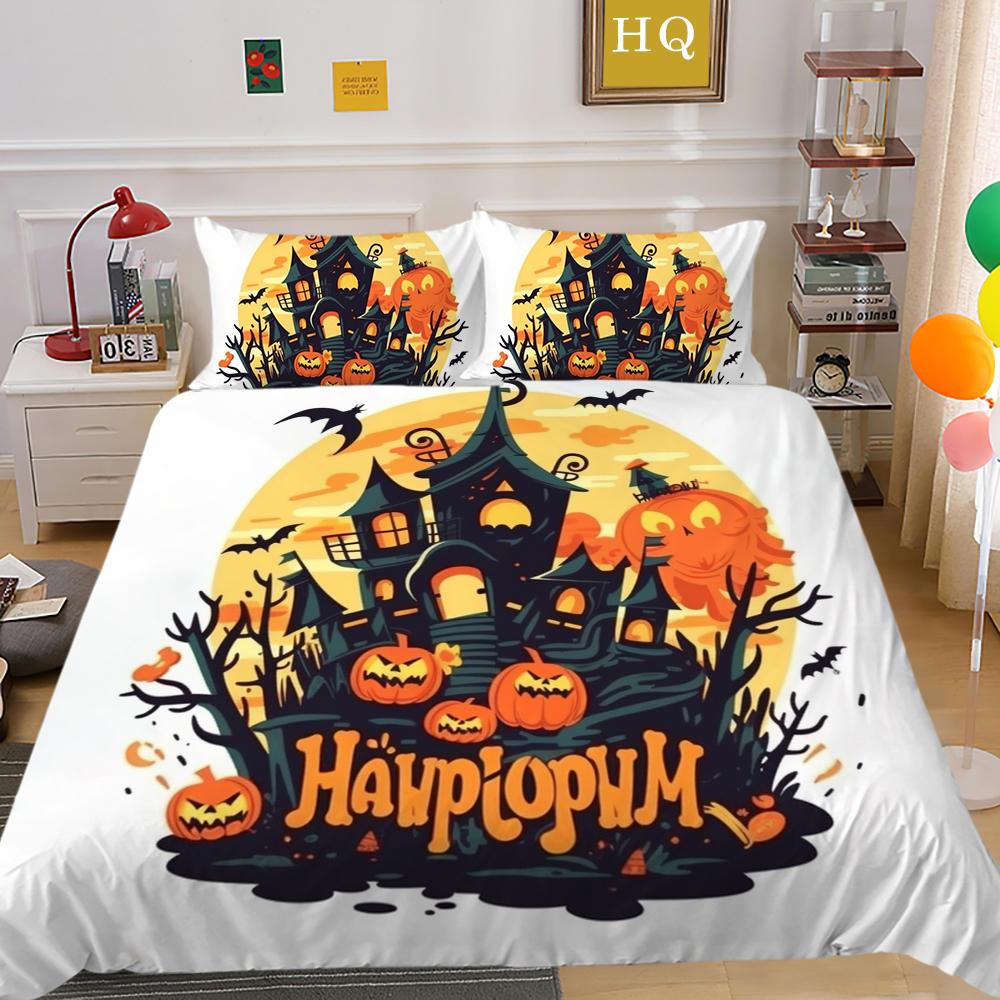 3D Halloween Home Bedding Set Pumpkin Ghost Quilt Cover Pillow Case 2/3 Pieces AU220 * 240 Full Size Soft and Easy To Clean Bedroom Decoration