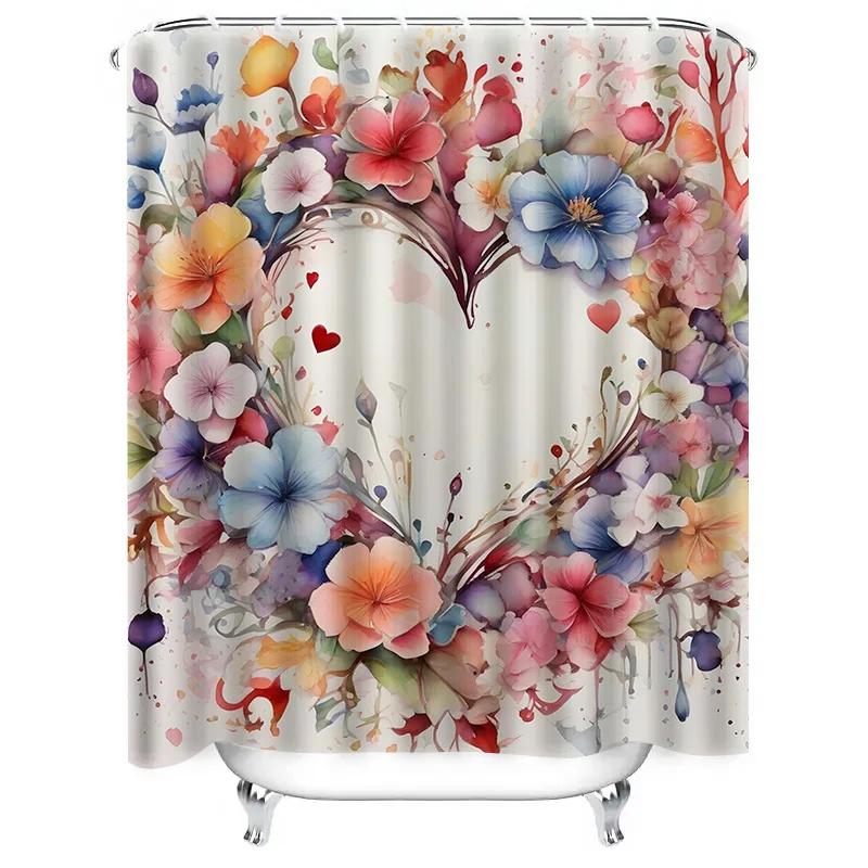 Romantic Floral Heart Shower Curtain - Vibrant Watercolor Flowers and Hearts for a Charming and Stylish Bathroom Décor