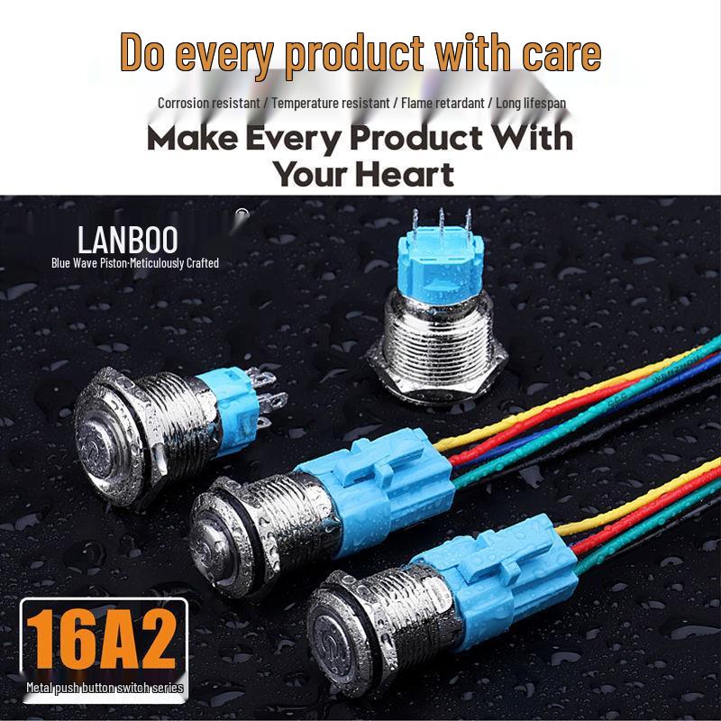 Blue Wave 16A2 Metal Waterproof Switch with Light, Self-Locking Reset, Stainless Steel IP67 Start-Stop Button