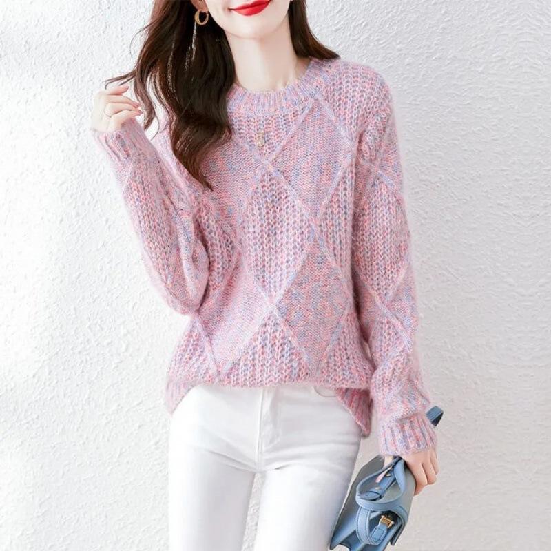 

Autumn/Winter New Knitted Shirt Top Women s ColorfulSweater Women s Round Neck Sweater S рожевий