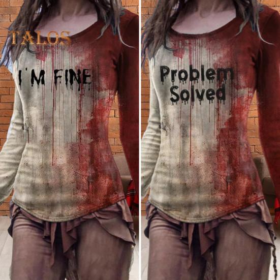 Halloween T-skjorte for kvinner med rund hals og langermet skrekkskjorte Blodtrykt sweatshirt Halloween Lettvekt Slim Fit Sport Topper