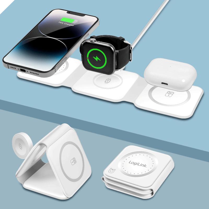 LogiLink 15W Foldable Qi 3-in-1 Wireless Charger for iPhone Apple Watch AirPods White